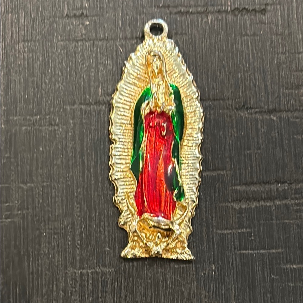 Virgin Mary Gold and Red Religious Enamel Pendant